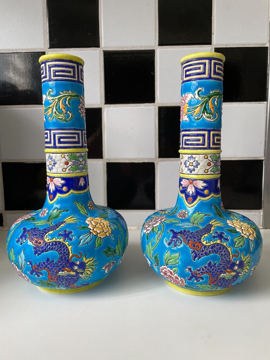 Emaux De Gien - Belle Paire De Vases Decor Dragon Chinoisant Japonisant -photo-7